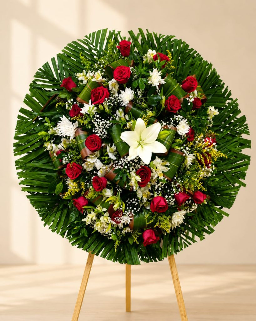 Corona Fúnebre con rosas rojas, envío a domicilio a funerarias de Guadalajara